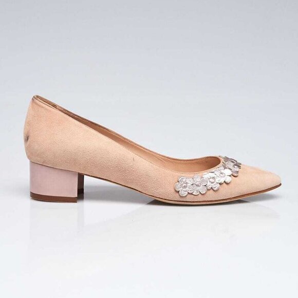 Manolo Blahnik Beige Suede Flower Kitten Heels Size 7.5/38 - Picture 3 of 4